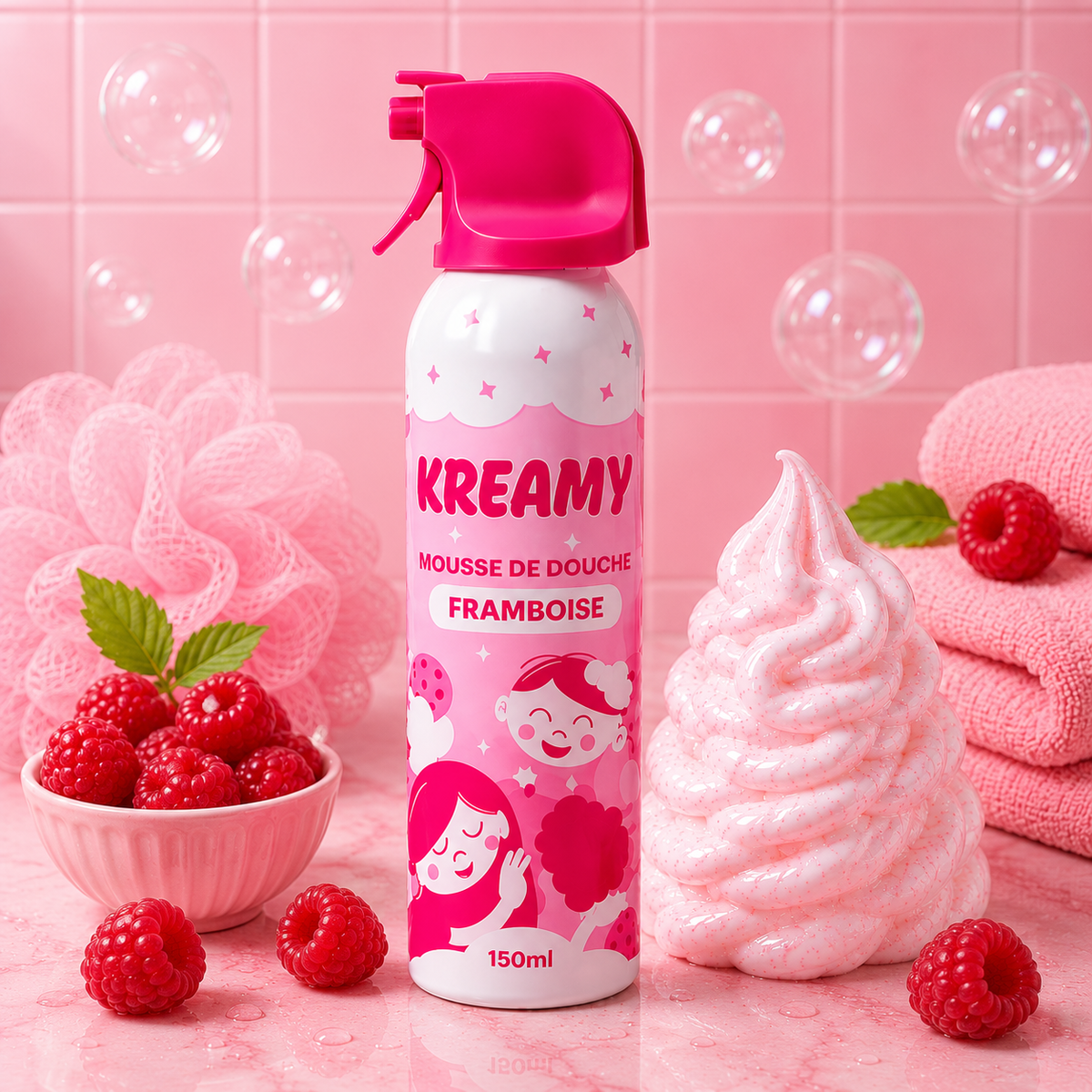 KREAMY – Mousse de douche texturée pour enfant 150 ml – 4 parfums : Framboise, Cookie, Banane & Bubble Gum – Framboise