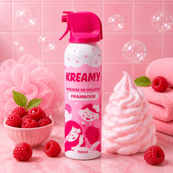 KREAMY – Mousse de douche texturée pour enfant 150 ml – 4 parfums : Framboise, Cookie, Banane & Bubble Gum – Framboise