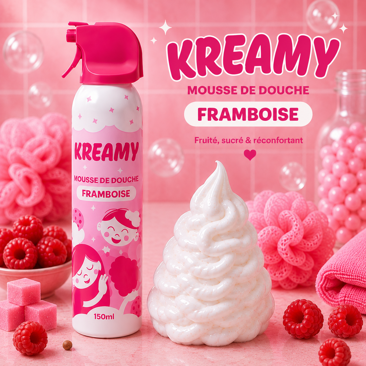 KREAMY – Mousse de douche texturée pour enfant 150 ml – 4 parfums : Framboise, Cookie, Banane & Bubble Gum – Framboise