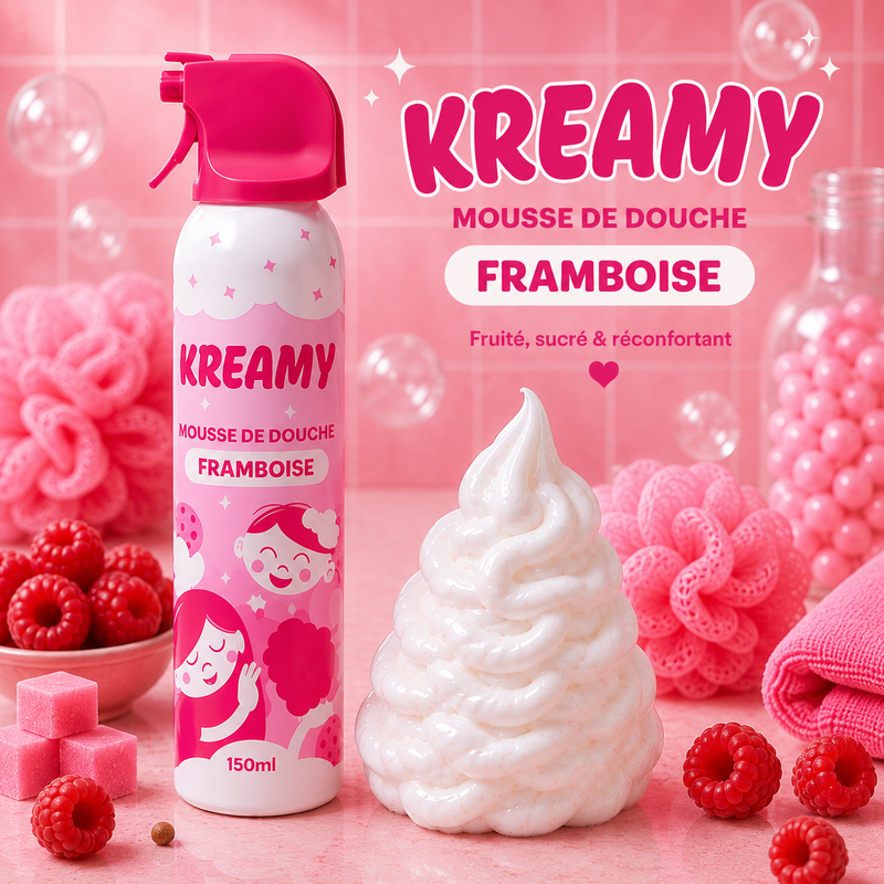 KREAMY – Mousse de douche texturée pour enfant 150 ml – 4 parfums : Framboise, Cookie, Banane & Bubble Gum – Framboise