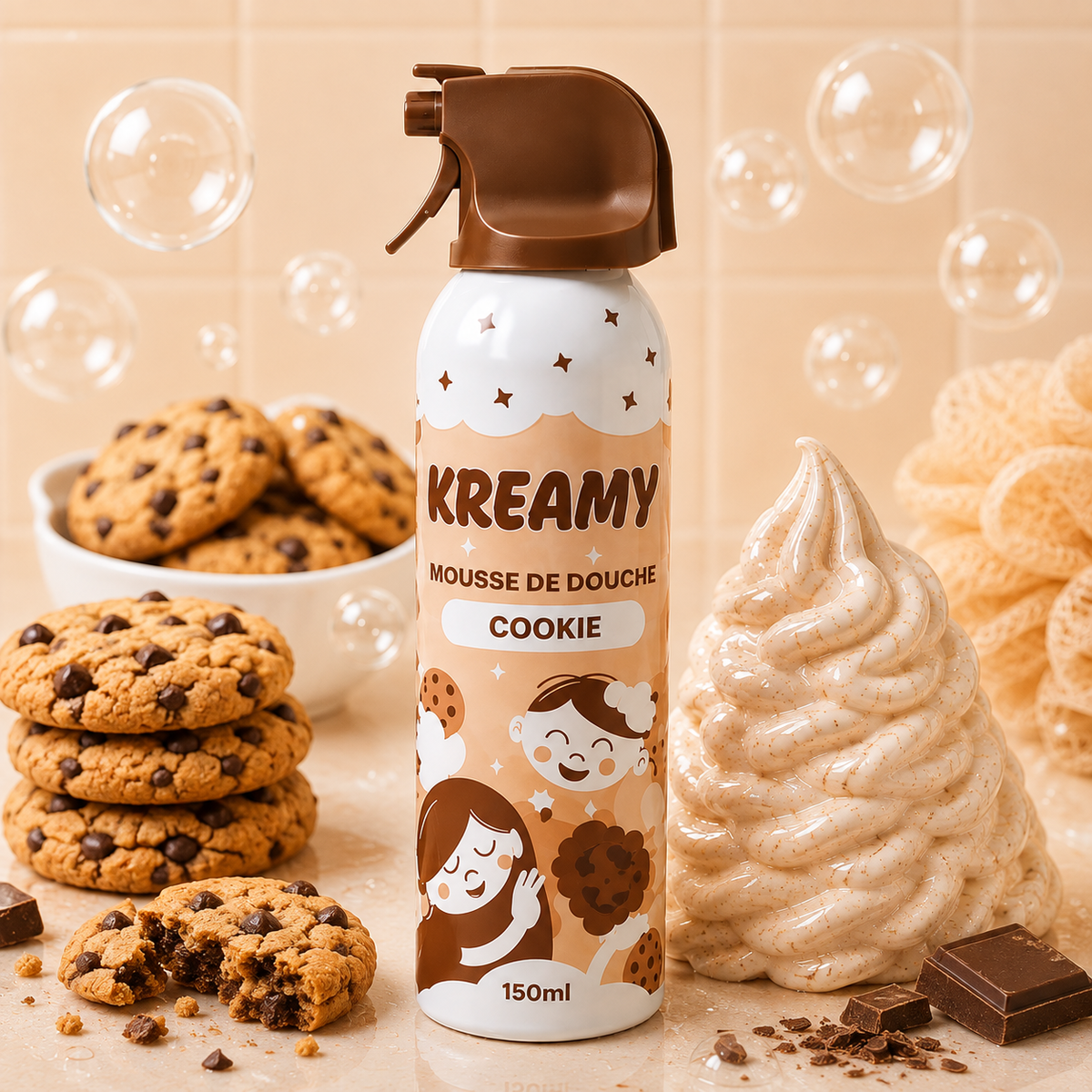 KREAMY – Mousse de douche texturée pour enfant 150 ml – 4 parfums : Framboise, Cookie, Banane & Bubble Gum – Cookie