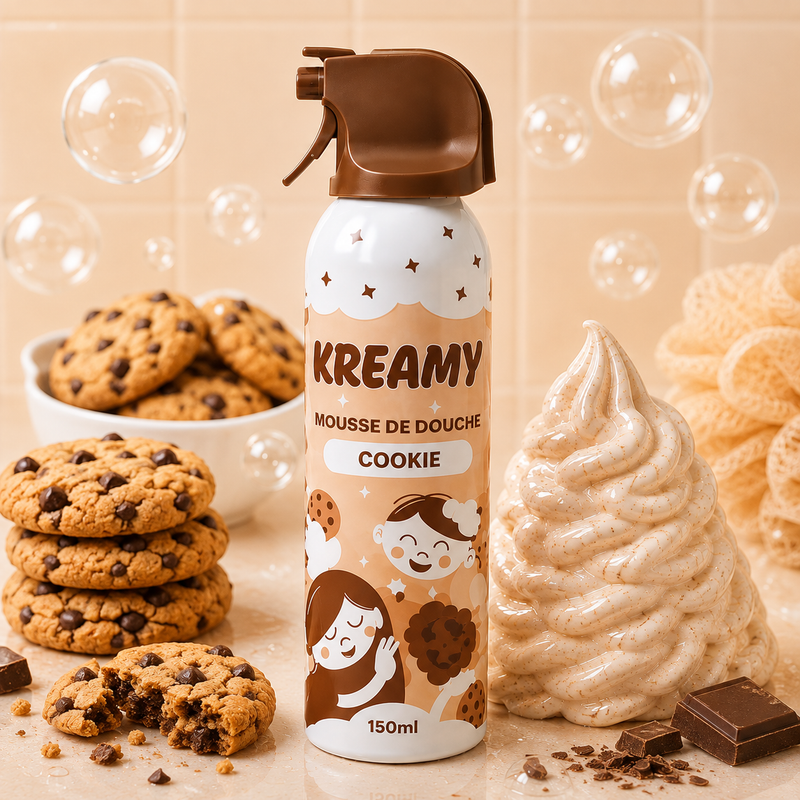 KREAMY – Mousse de douche texturée pour enfant 150 ml – 4 parfums : Framboise, Cookie, Banane & Bubble Gum – Cookie