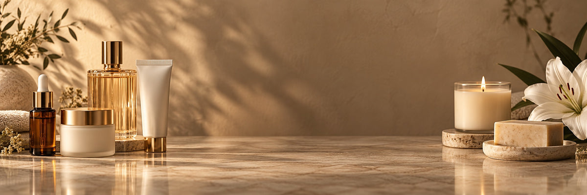 Sérum, crème, parfum, bougie et savon sur un marbre clair, la boutique Cosmesud