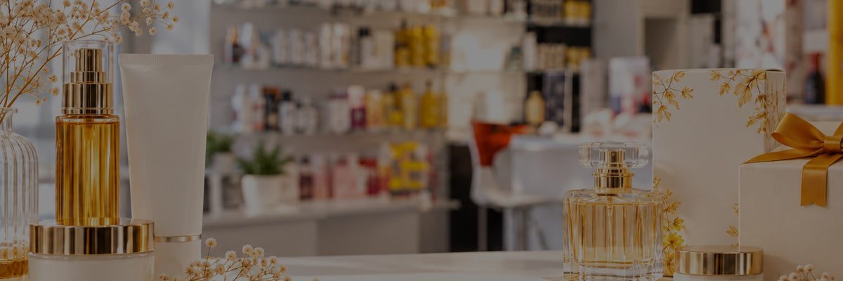 Flacons de soin, parfum et coffret sur le comptoir blanc de la boutique Cosmesud