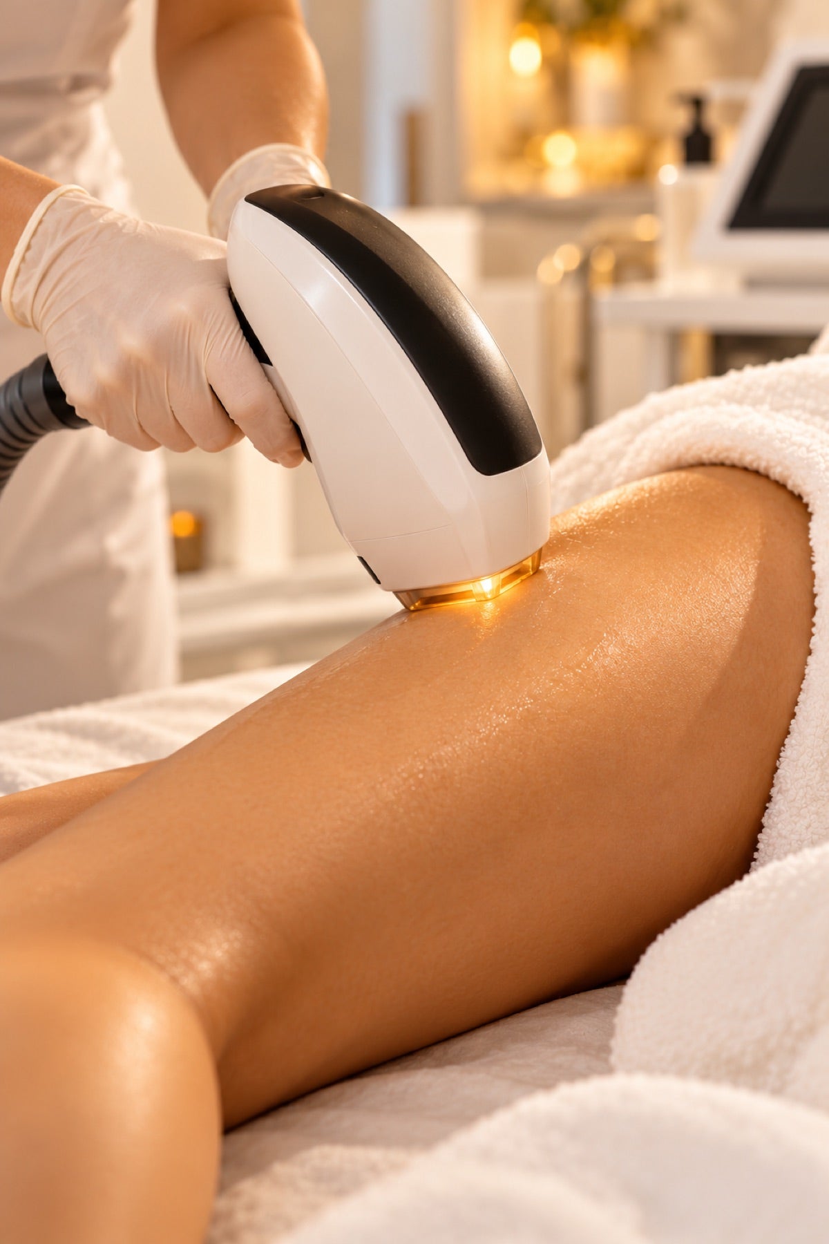 Pièce à main du laser diode sur la cuisse d’une cliente, épilation définitive chez Cosmesud